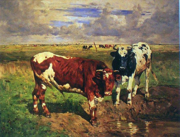 unknow artist Young bulls at a watering place Sweden oil painting art